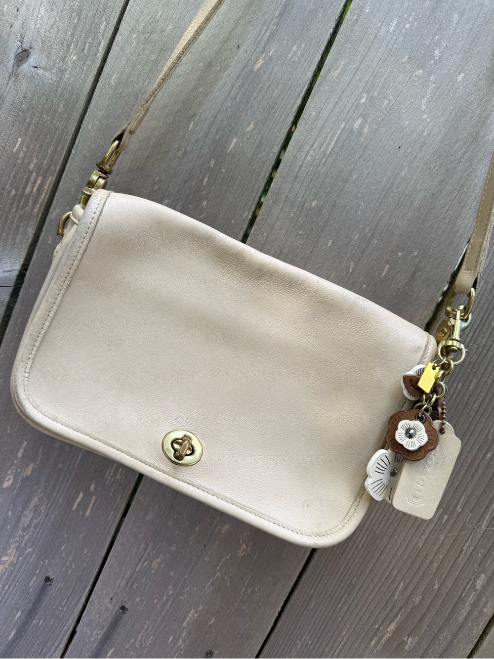 Coach Leather Crossbody Shoulder Bag in Cream with Floral Charm